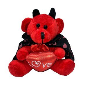 Valentine Devil Plush 7” Red Black Cape Hearts Love Pillow Stuffed Toy